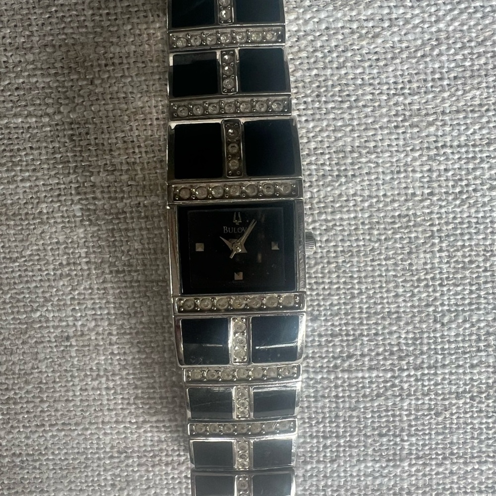 Bulova Black and Silver with Crystal Watch, 6” Band